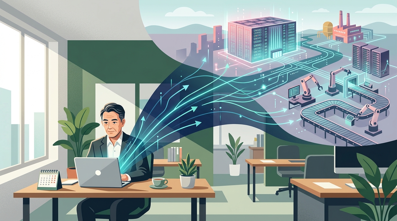 中小企業の経営者がデータセンターやロボット工場とのつながりを見つめるイラスト