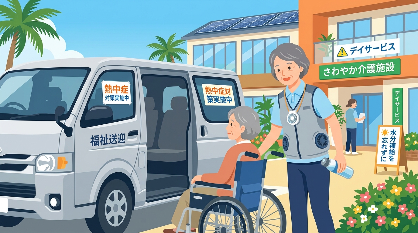 熱中症対策グッズを身につけて働く介護職員のイラスト