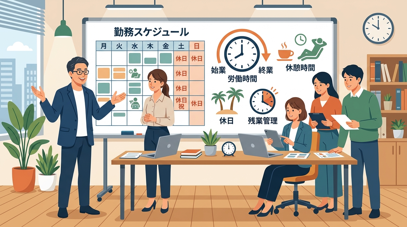 中小企業の経営者と従業員が勤務スケジュールと労働時間管理について話し合うオフィスのイラスト