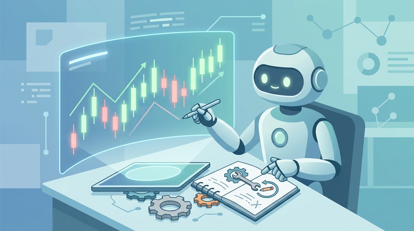AIが株価チャートを分析し、ノートに改善点を書き込んでいる様子を表したフラットイラスト